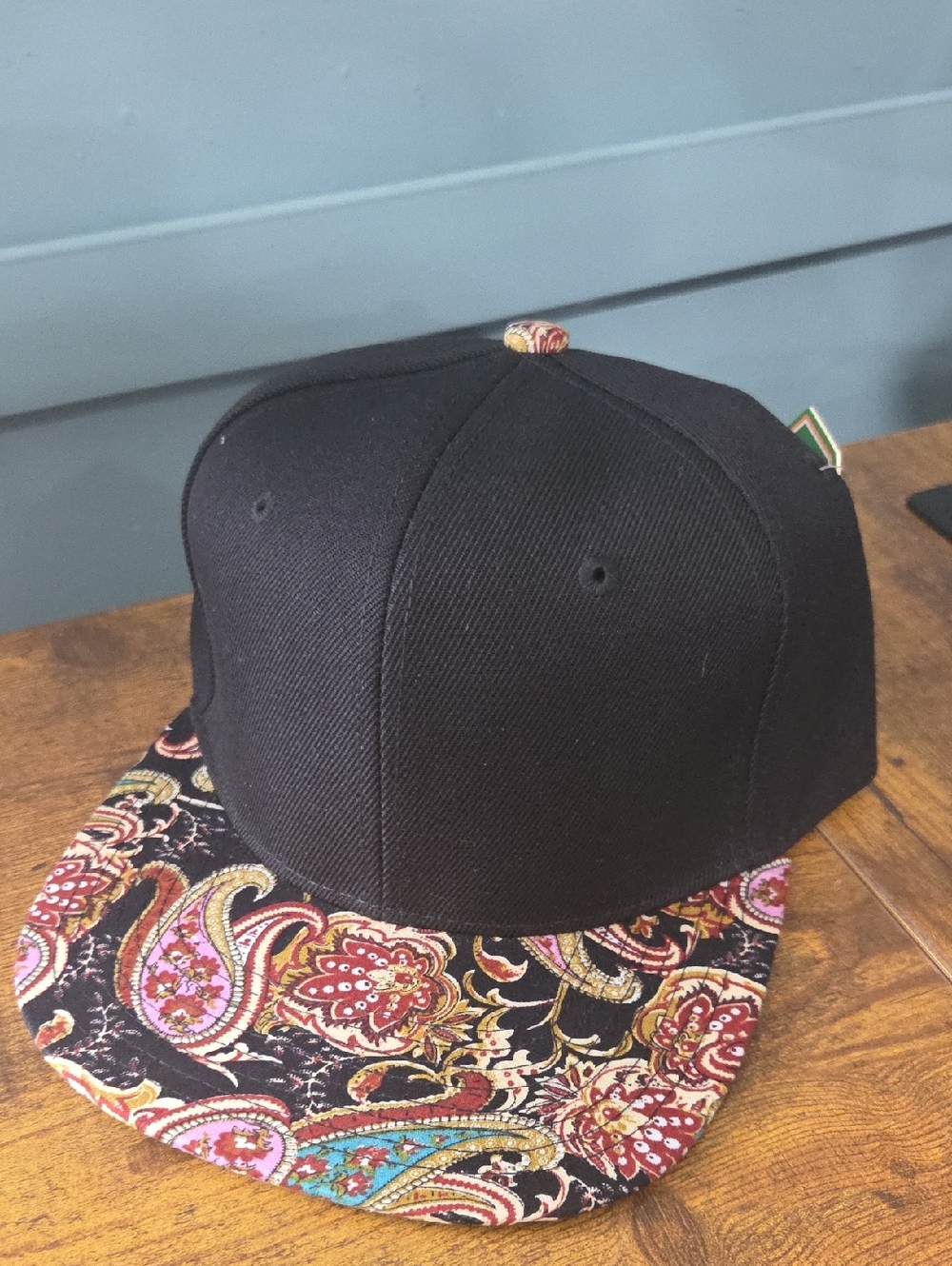 Black Snapback Hat with Multicolor Paisley Brim